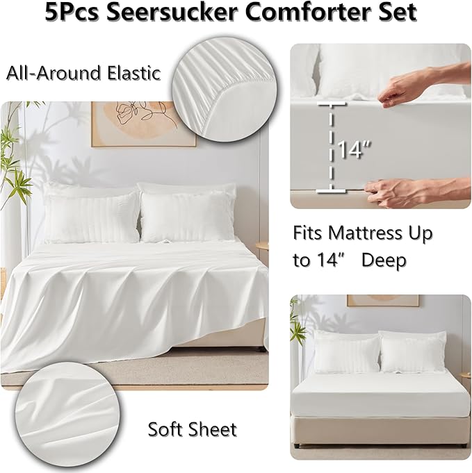 CozyLux Twin Comforter Set with Sheets 5 Pieces, White Seersucker Textured Bed in a Bag for Girls, Luxury Soft Bedding Set with Down Alternative Comforter, Sheets, Pillowcases & Shams for All Seasons