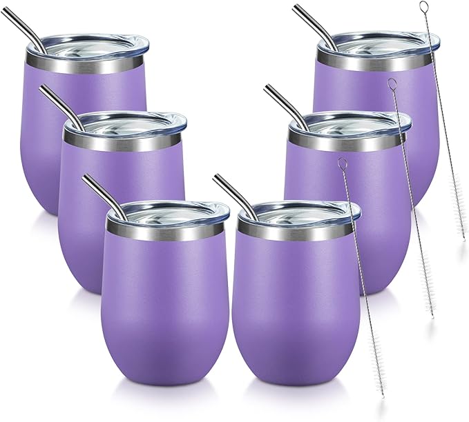 COMOOO Stainless Steel Wine Tumbler Bulk with Lid and Straw 12oz Double Wall Vacuum Insulated Travel Tumbler Cup Stemless for Hot and Cold Drinks, Coffee, Wine, Cocktails (Light Purple, 6 Pack)