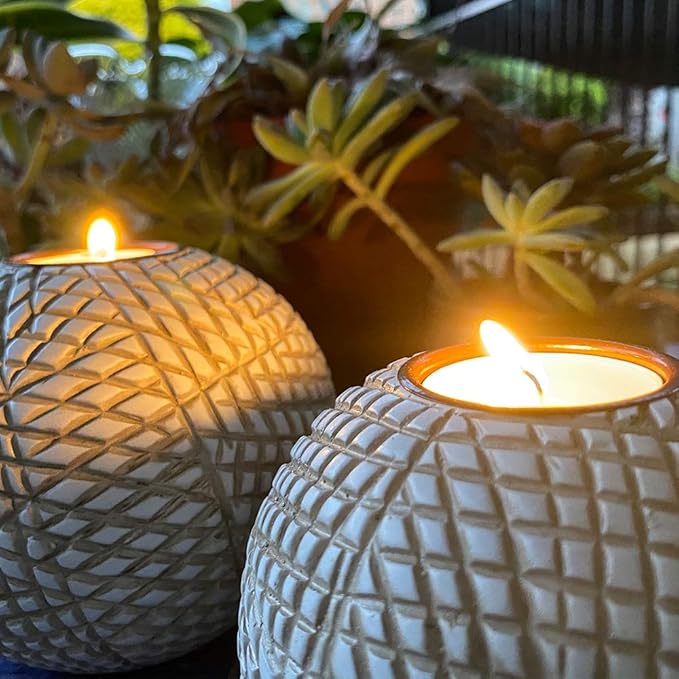 Luca Orb Tea Light Candle Holders (Gift Boxed Set of 2) Grid Pattern, Beige and White