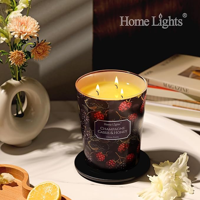 HomeLights Scented Candles for Women & Men, 34oz Candle Jars Aromatherapy 3-Wick Candle, Ideal for Eclectic Mixed Styles Home Decor and Gifts, Champagne Cassis & Honey
