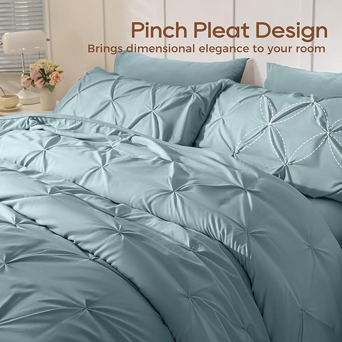 Sasttie Full Size Comforter Set, 7-Piece Bed in a Bag, Pintuck Bedding Sets for All Season, Includes Comforter, Flat Sheet, Fitted Sheet, Pillowcases and Pillowshams, Greylish Blue