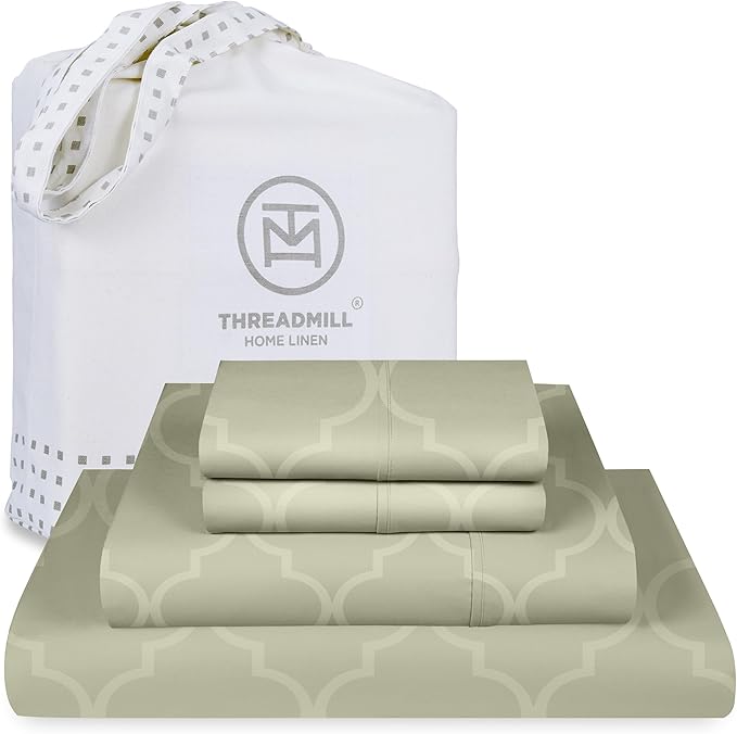 Threadmill Cotton Full Size Sheet Set | 100% Cotton Sheets for Full Size Bed | Damask Jacquard Full Bed Sheets Set with 16” Deep Pocket | Soft Sateen Weave 4-Piece Cooling Bedding Set | Sage