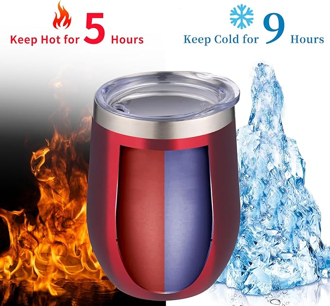 12oz/4 Pack Wine Tumbler Glasses with Lid Stemless Double Wall Vacuum Stainless Steel Travel Tumbler Keeping Cold & Hot for Wine,Coffee,Cocktails,Christmas Drinks-Family and Gifts (Red-4 pack)