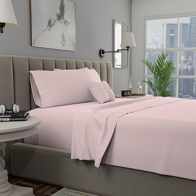 SUPREME ELEGANCE Hotel Luxury Bed Sheets, 400TC Twin Blush Sheet Set, 100% Cotton Bed Sheets, Back to School College Essentials, Skin Friendly Bedding Set with Deep Pocket, Percale Cooling Sheets