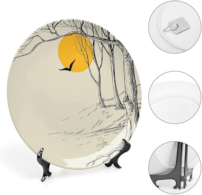8 Inch Decorative Plate, Apartment Decor Ceramic Plate, Full Moon in Forest with Dry Branch Gull Tranquil Calm Nature Print Ceramic Wall Hanging Decor Accessory for Dining Table Tabletop Home Decor