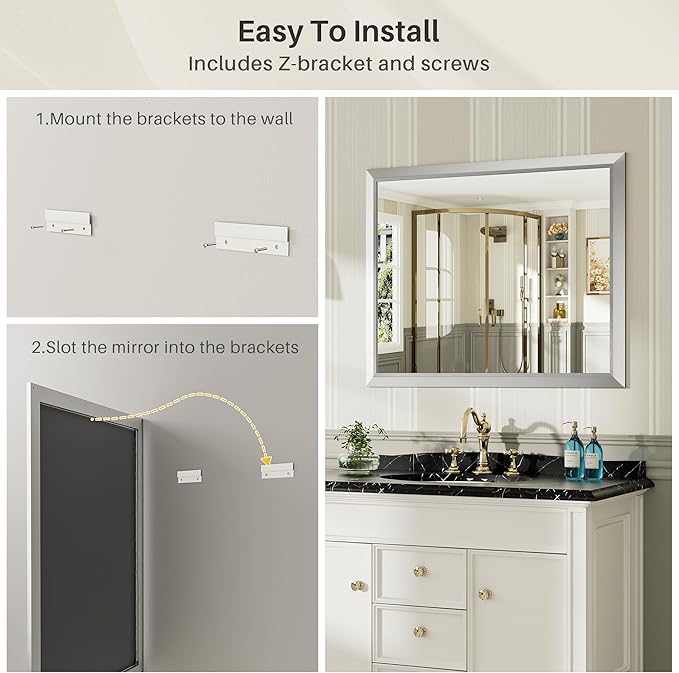 60x36 Inch Brushed Nickel Bathroom Mirror for Wall, Thick Metal Framed Rectangle Mirrors for Over Sink, Bedroom, Living Room, Entryway, Anti-Rust, HD Tempered Glass