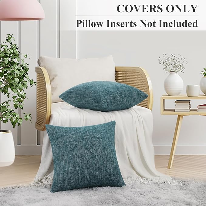 decorUhome Chenille Decorative Throw Pillow Covers 18x18 Set of 2, Farmhouse Textured Square Neutral Solid Accent Pillow Covers for Couch Sofa Bed Living Room Home Decor, Teal