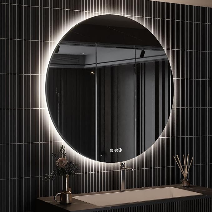 ROOMTEC 40" LED Round Mirror, Wall-Mounted, 6000K Backlit, Dimmable Lighted Bathroom Vanity, Anti-Fog