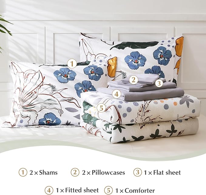 CASAAGUSTO Queen Comforter Set, 7 PCS White Floral Comforter Set with Flowers Leaves Pattern, Soft Seersucker Design All Season Microfiber Queen Size Bedding Set (90"X90"