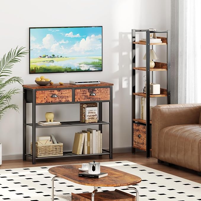 Furologee Console Sofa Table with Storage Shelf for Entry Way, Small 30'' Entryway Table with 2 Fabric Drawers, Industrial Display Shelves for Hallway, Entrance, Foyer, Rustic Brown