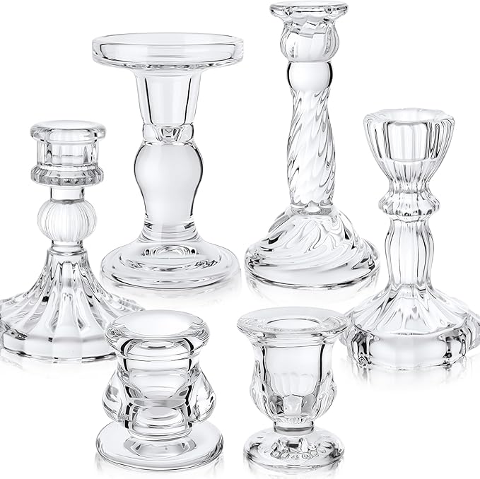 Mumufy 6 Pcs Glass Crystal Taper Candle Holders Clear Glass Candlestick Holder Fit 0.8 Inch Candles Crystal Decorative Candle Stand Centerpiece Table Wedding Dining Party (Simple,Clear)