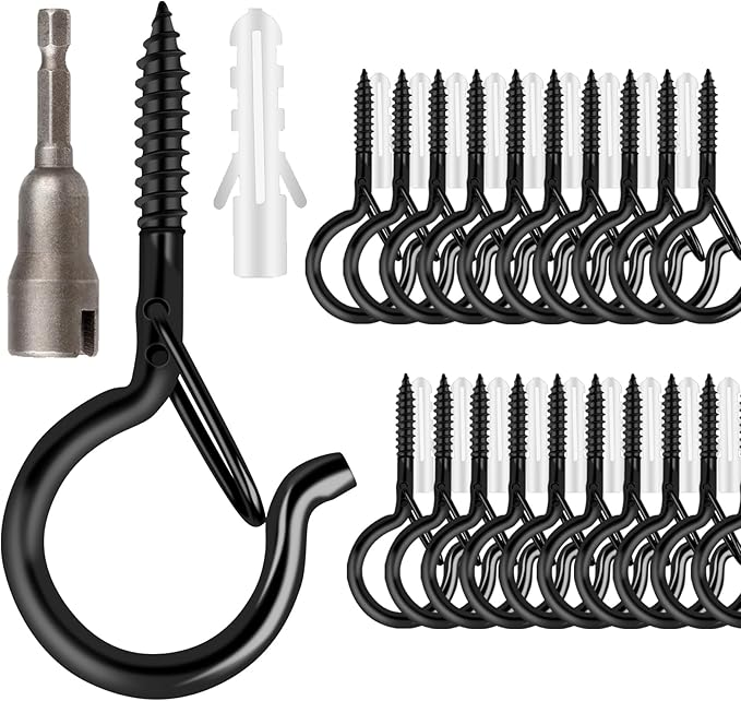 48 PCS Q-Hanger Hooks, Screw Hooks for Outdoor String Lights, Safety Buckle Design Cup Eye Hook for Hanging Christmas Lights, Plants, Wind Chimes, Mounted on Wall Ceiling, Include 1 Wing Nut Driver