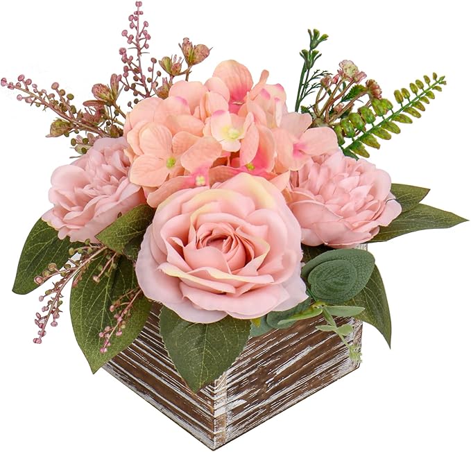 DILATATA Flower Arrangement with Wooden Vase 8" Artificial Flowers in Pot - Fake Flowers Roses Peonies Hydrangeas in Wooden Vase Potted Flower Centerpieces for Table Decor Living Room - Dusty Pink