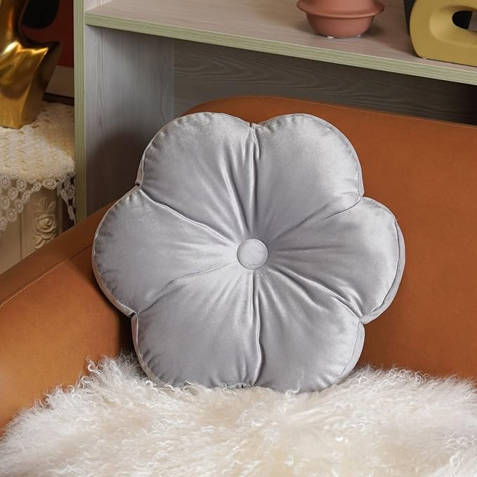 ARTMAGIC Flower Shaped Velvet Decorative Throw Pillow Cushion Ultra Soft Cute Floor Pillow for Couch Bed Sofa (Light Grey)