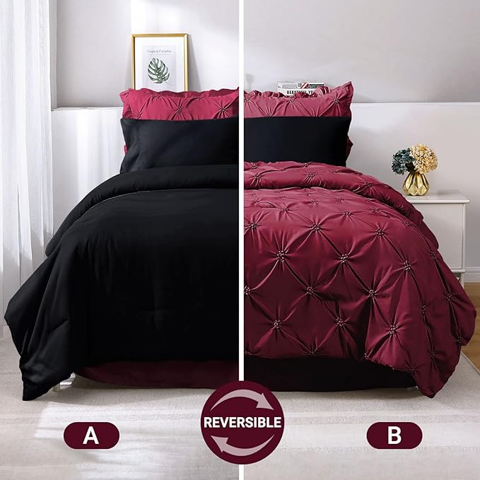 JOLLYVOGUE Burgundy Cal King Size Comforter Sets 7 Pieces, Pintuck Bed in a Bag Comforter Set for Bedroom, Bedding Comforter Sets with Comforter, Sheets,Ruffled Shams & Pillowcases