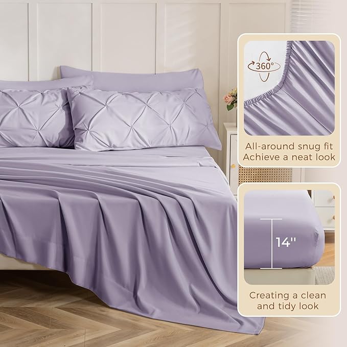 Sasttie Twin XL Comforter Set, 5-Piece Bed in a Bag, Pintuck Bedding Sets for All Season, Includes Comforter, Flat Sheet, Fitted Sheet, Pillowcase and Pillowsham, Lavender