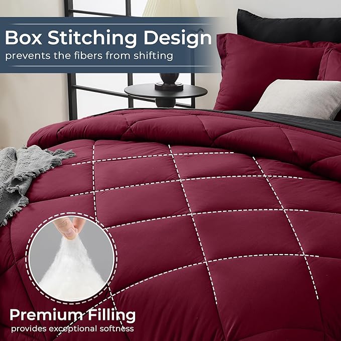 HEVUMYI Red & Black Twin-XL Comforter Set - 5-Piece All Season Bed in a Bag Twin-XL, Ultra Soft Bedding Set with Burgundy Comforter, Flat Sheet, Fitted Sheet, Pillowcases, Pillow Shams