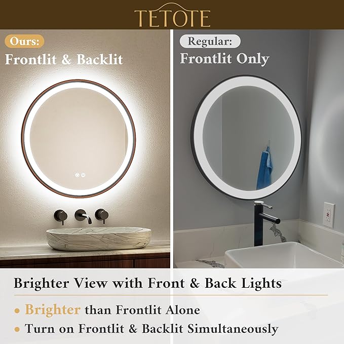 TETOTE Round Led Oil Rubbed Bronze Bathroom Mirror 30 Inch Circle Round Lighted Vanity Mirror with Lights for Bathroom Wall, 3 Color Stepless Dimmable, Anti Fog, Shatterproof, CRI 90+