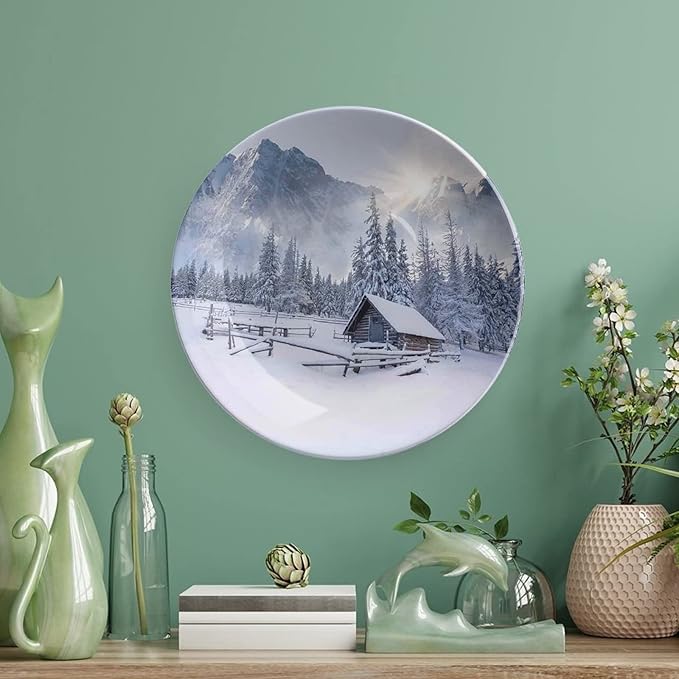 6 Inch Decorative Plate, Winter Porcelain Plate, Old Farm House by Mountain in Cold Times Rural Nature Print Ceramic Wall Hanging for Fine Dining For Upscale Events, Dinner Parties, Weddings, Catering
