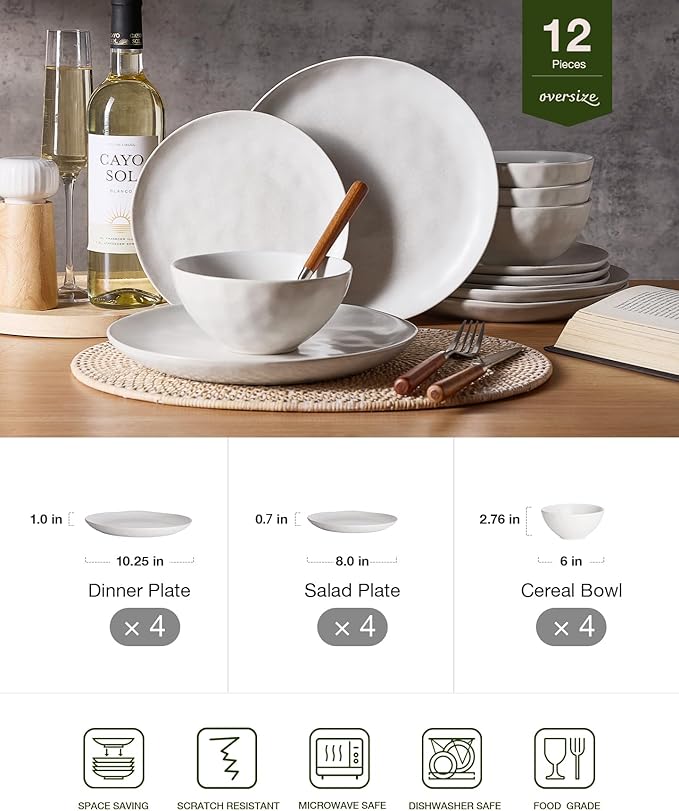 Famiware Dinnerware Sets for 4, Ocean Round 12-Piece Kitchen Plates and Bowls Sets, Microwave and Dishwasher Safe, Scratch Resistant, Matte White