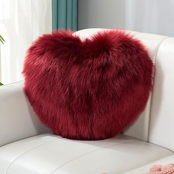 Fluffy heart-shaped pillow, sofa bed decoration, pillow decoration, room pillow (Wine red, 13.77inch X 17.71inch)