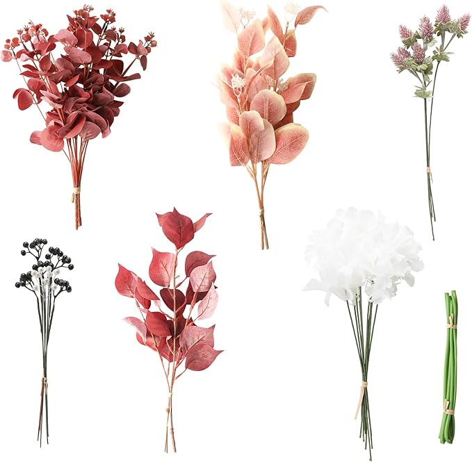 Floroom Artificial Greenery Stems Box Set, 30pcs with 7 Kinds of Faux Greenery Flowers Picks for DIY Bridal Bouquets Wedding Floral Arrangement Table Centerpieces, Burgundy & White