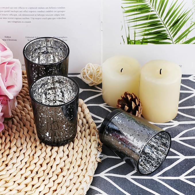 Black Mercury Glass Tea Light Holders Set of 36 - Elegant Votive Candle Holders for Weddings, Showers and Home Decor - Perfect for Table Centerpieces and Parties (Glass, Black)