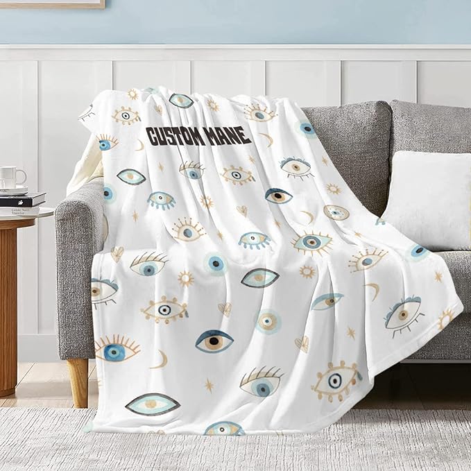 Custom Name Blanket, Evil Eye Personalized Spiritual Blanket for Car/Couch/Bedroom, Magic Evil Eye Pattern Home Decor for Men/Women, 90'x120' - Family/King Size