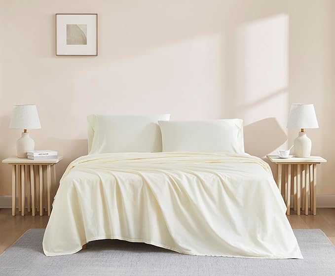 Linen Closet Organic 100% Cotton Twin XL Bed Sheet 3 Pcs Set– Fresh Ivory Crisp Percale, Deep Pocket up to 16” – Lightweight, Breathable & Naturally Cooling – Ideal for College Dorm, Soft & Comfy
