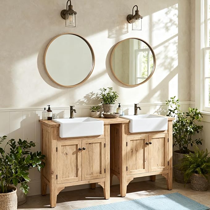HOMECOOKIN Round Wood Mirror 24 inch Circle Wall Mirror for Bathroom, Vanity, Entryway, Living Room Decor, Natural Wood Accent Mirror