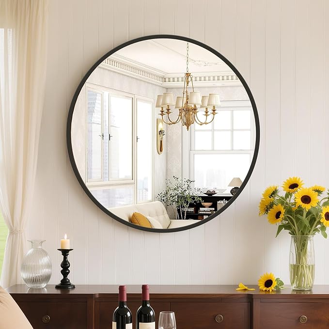 Sweetcrispy 20in Round Bathroom Mirrors for Wall, Bathroom Mirrors for Over Sink, Wall Decor for Bathroom, Entryway, Bedroom, Vanity, Classical Black