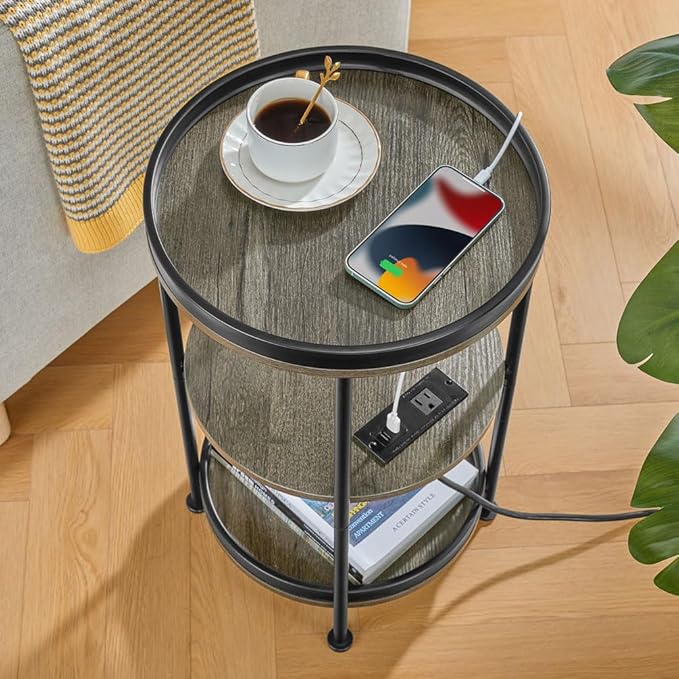 Dulcii Round Side Table with Charging Station, End Table with 3 Shelves for Living Room, Bedroom Nightstand with Steel Frame for Small Spaces, Industrial Round Sofa Table (USB+Grey)