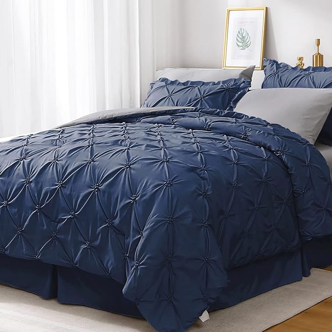 JOLLYVOGUE Navy Blue/Gray Twin Size Comforter Sets 5 Pieces, Pintuck Bed in a Bag Comforter Set for Bedroom, Bedding Comforter Sets with Comforter, Sheets,Ruffled Shams & Pillowcases