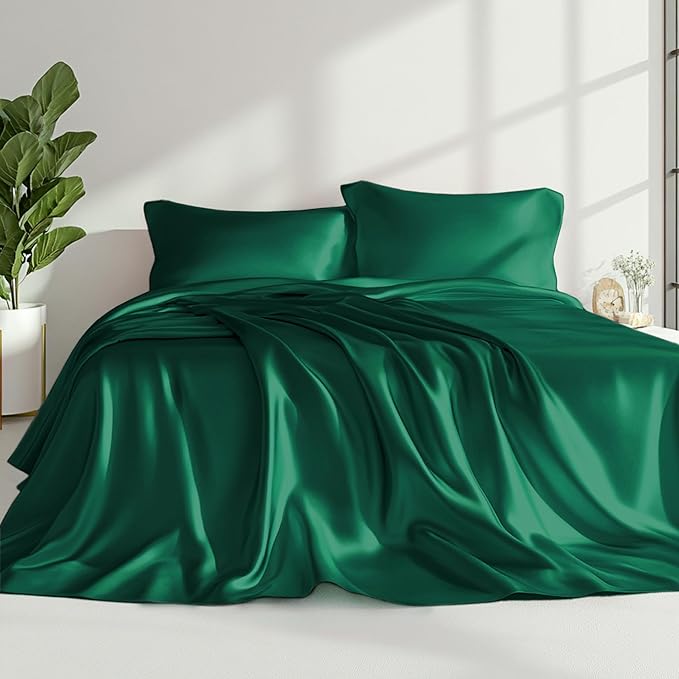Love's cabin Twin XL Satin Sheet Sets - 3 Piece Dark Green Silky Bed Sheets with Deep Pockets, Luxury Silk Feel Satin Sheet Set Twin XL (1 Flat Sheet,1 Fitted Sheet,1 Pillow case)