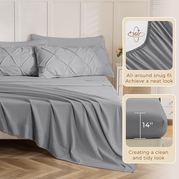 Sasttie Twin Comforter Set, 5-Piece Bed in a Bag, Pintuck Bedding Sets for All Season, Includes Comforter, Flat Sheet, Fitted Sheet, Pillowcase and Pillowsham, Light Grey