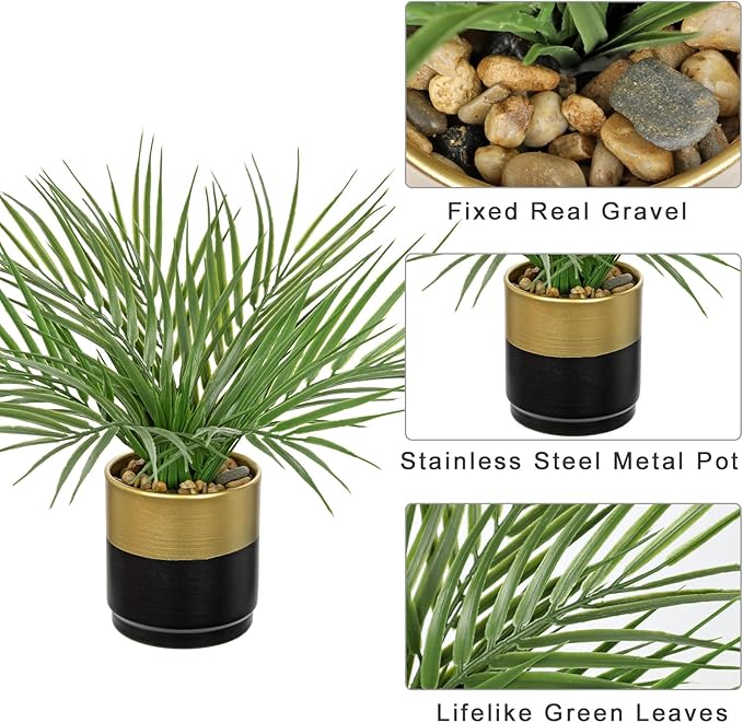 Hollyone Large Artificial Potted Plants Fake Palm Plants 13" Faux Tropical Palm Plant Tree in Gold and Black Metal Pots for Home Room Office House Indoor Decoration
