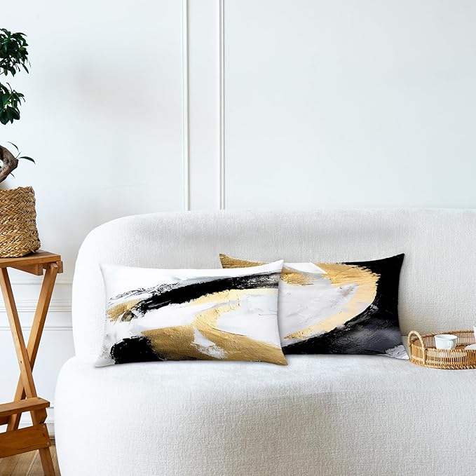 Abstract Black White and Gold Pillow Covers 12x20 Set of 2 - Modern Pillow Covers, Modern Home Decor, Black and Gold Decorative Pillows Cover for Couch Living Room Bedroom