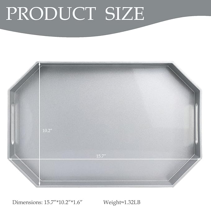Spsyrine Silver Plastic Serving Tray for Ottoman, Coffee Table, Octagon Decorative Tray for Entertaining, Outdoor, Living Room, Home Decor