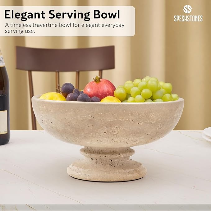 Marble Fruit Bowl 10 Inch Handmade Travertine Large Decorative Bowls for Kitchen Counter Decor - Pedestal Candy Bowl for Coffee Table, Entryway, Dining Table Centerpiece & Home Decor