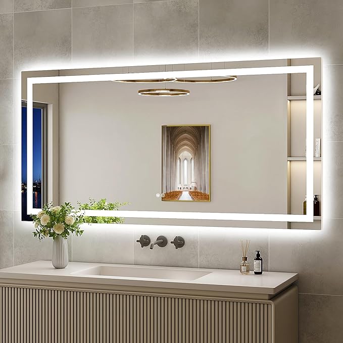 60x30 Large LED Bathroom Mirror with Lights, Brighter Backlit + Front Lit, Tempered Glass, Dimmable, Multiple Light Modes, Anti-Fog Lighted Bathroom Vanity Mirror for Wall, Memory Function