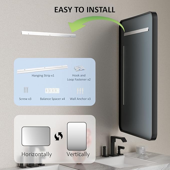 48×30 Black Mirror for Bathroom Sink - Rectangle Mirrors for Vanity with Rounded Corners & Tempered Glass for Bathroom, Restroom, Entryway, Horizontal/Vertical Wall Mounted, Aluminum Frame