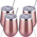 MEWAY Stainless Steel Wine Tumbler with Lid and Straw 12oz - Stemless Insulated Wine Cup Glasses for Coffee,Cocktails,Drinks,Champagne, and Office Use, Ideal for Parties and Gifts(Rose Gold. Set of 4)