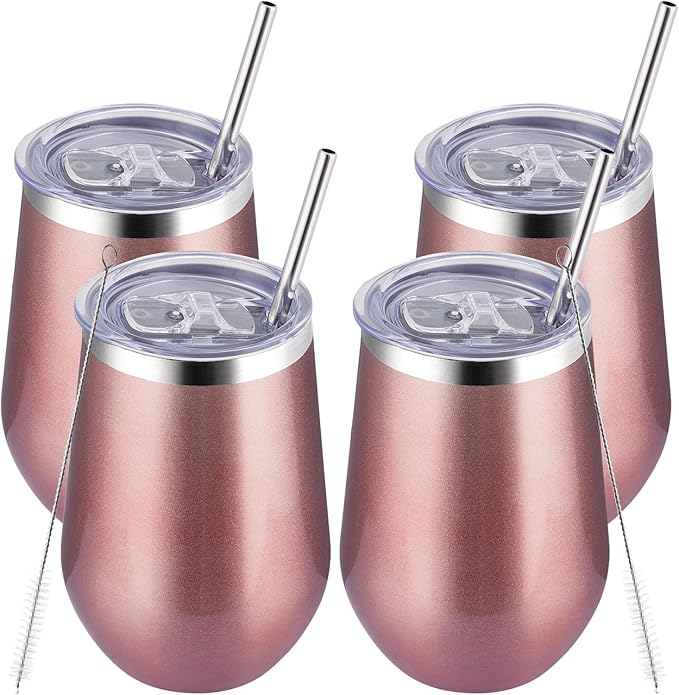 MEWAY Stainless Steel Wine Tumbler with Lid and Straw 12oz - Stemless Insulated Wine Cup Glasses for Coffee,Cocktails,Drinks,Champagne, and Office Use, Ideal for Parties and Gifts(Rose Gold. Set of 4)