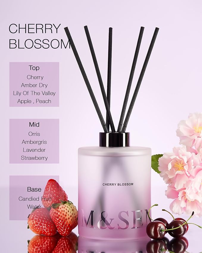 M&SENSE Cherry Blossom Reed Diffuser Set - 16.9 fl oz Long-Lasting Scent, Non-Toxic Natural Essential Oil Diffuser with Sticks, Home Fragrance Diffuser Gift for Office Bathroom Bedroom