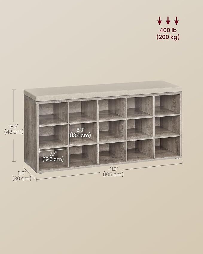VASAGLE CUSTOS Collection - Shoe Bench, Storage Bench with Padded Seat, Entryway Bench with 15 Compartments, for Bedroom, 11.8 x 41.3 x 18.9 Inches, Heather Greige and Cappuccino Beige ULHS015K01