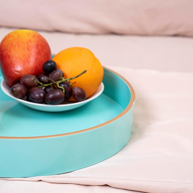 PEMAR 12.6" Round Lacquer Serving Tray with Insert Handle Decorative Basket Tray for Breakfast, Dinner, Coffee Table Decor (Aqua)