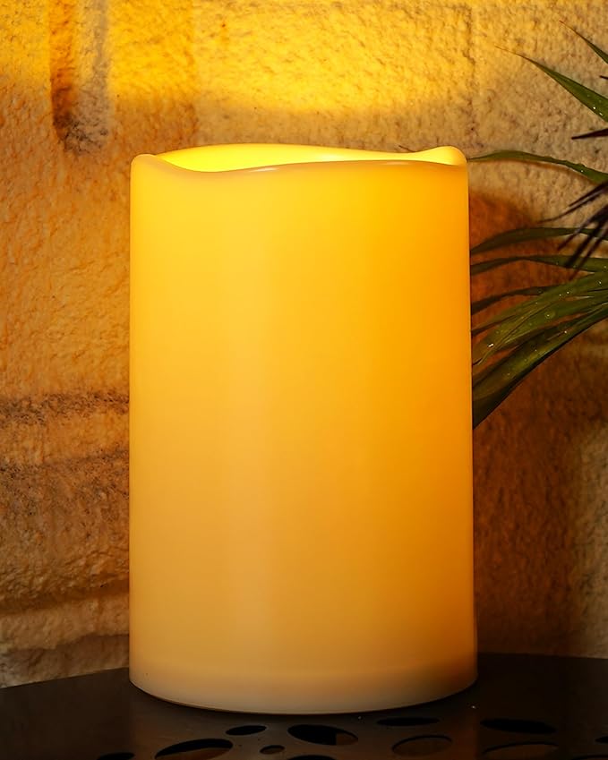 Homemory 6" x 9" Extra Large Outdoor Waterproof Candle with Auto 6-Hour Timer, No Remote, Ivory Plastic Made, Long Last for Half A Year