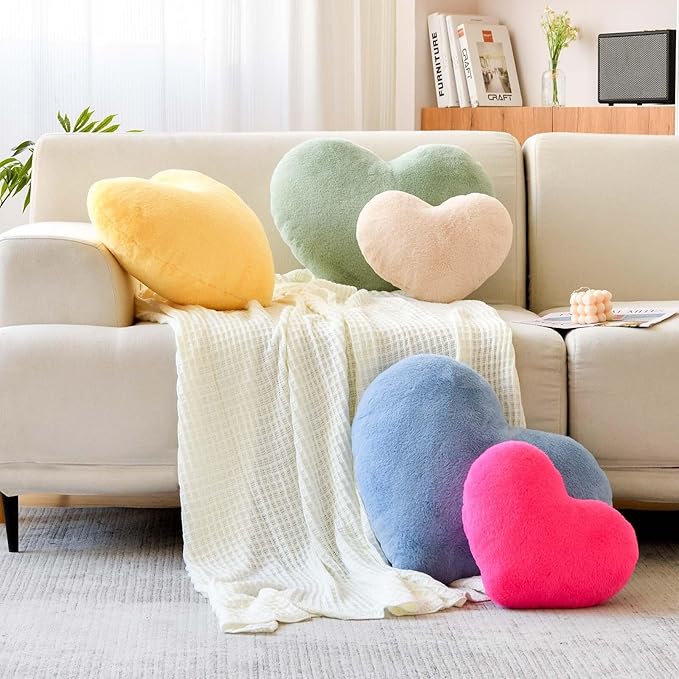 Sage Green Heart Pillows, Cute Heart Decorative Pillow, Heart Shaped Throw Pillows for Bed, Faux Rabbit Fur Plush Hoom Decor Pillow Cushion for Chair Sofa Living Room (Medium-15.7"x11.8")