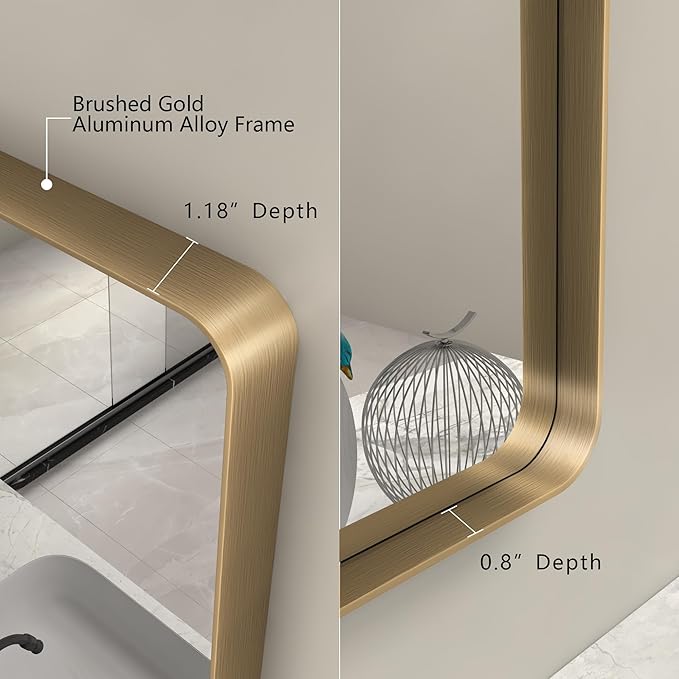 24x32 Gold Bathroom Mirror, Rounded Rectangle Gold Frame Mirror, Brushed Gold Brass Bathroom Vanity Mirror Wall-Mounted, Anti-Rust, Hangs Horizontally or Vertically