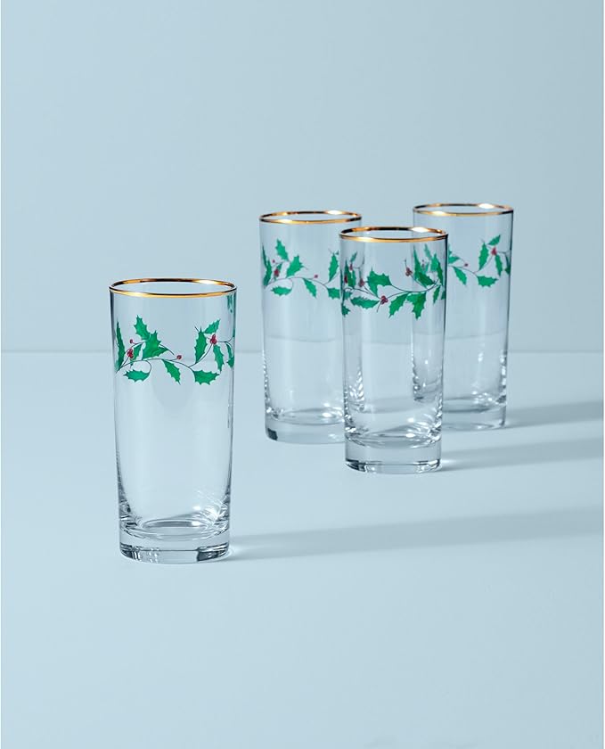 Lenox 849605 Holiday 4-Piece Highball Glass Set, Christmas Dinnerware, Hosting